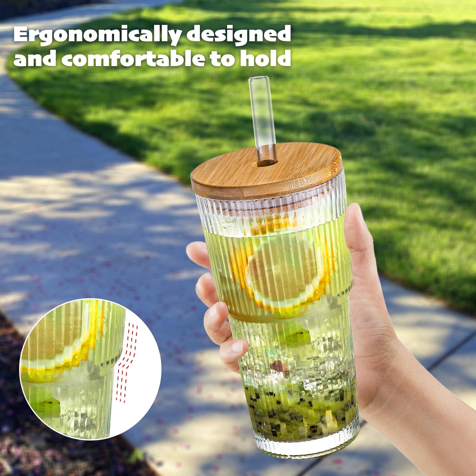 20 oz Ribbed Glass Tumblers with Bamboo Lids and Straws, 2 Pcs Wide Mouth Thi…