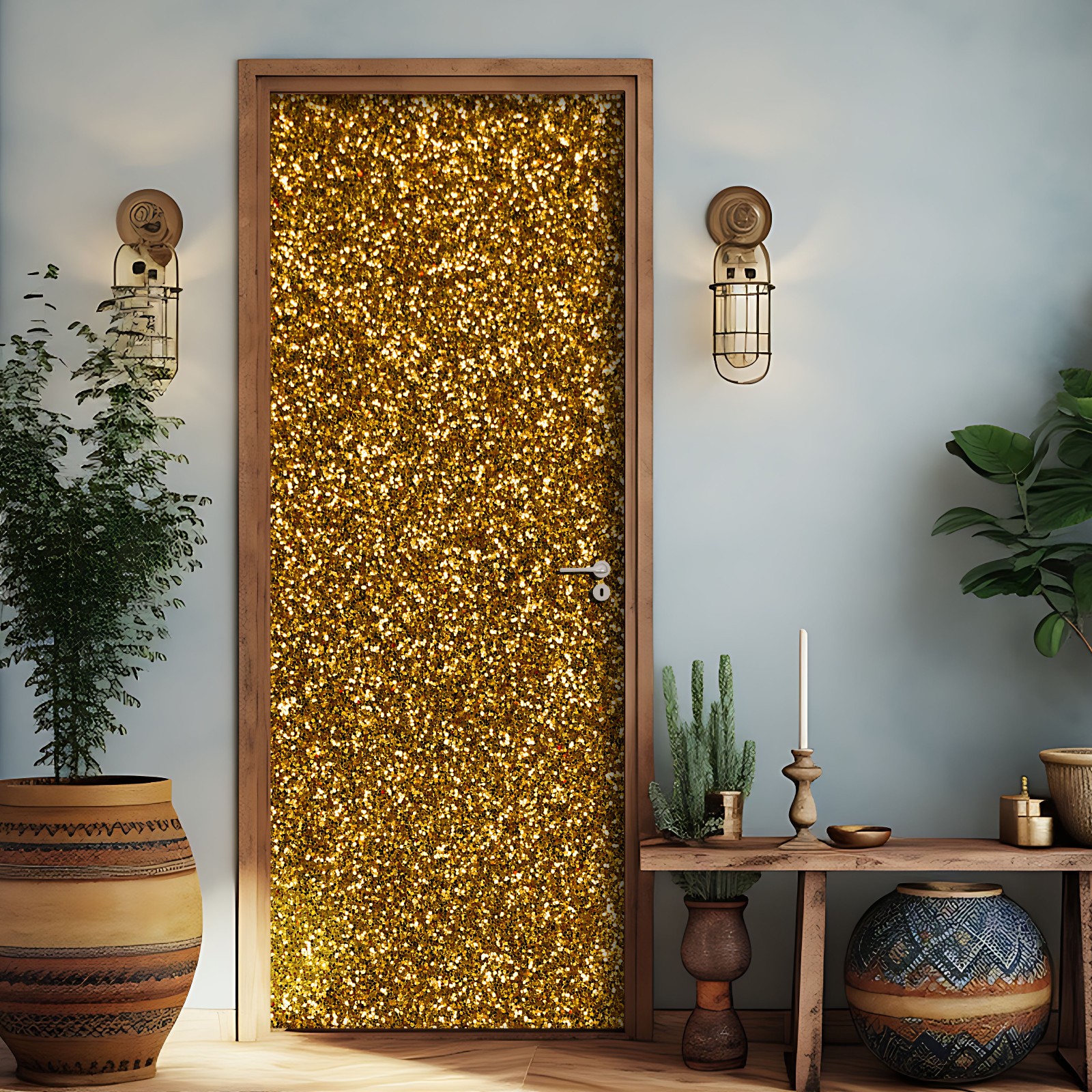 Golden Pattern Door Mural, Laminated Gold Sticker Wrap, Peel'n'Stick. 1 Piece