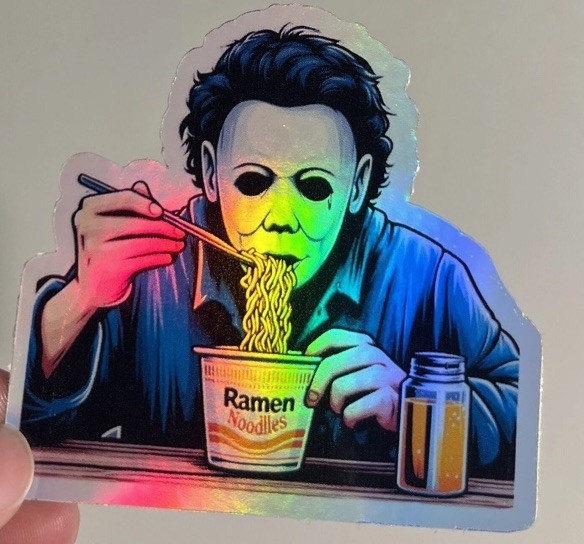 Michael Myers Eating Ramen noodle 3 Inch Holographic Sticker