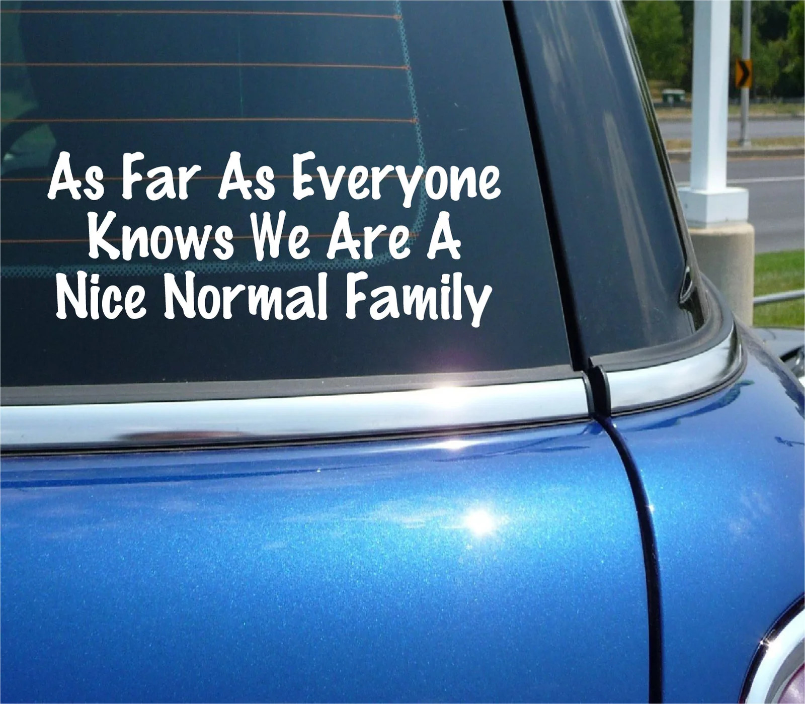 AS FAR AS EVERYONE KNOWS WE ARE A NICE NORMAL FAMILY DECAL STICKER FUNNY CAR