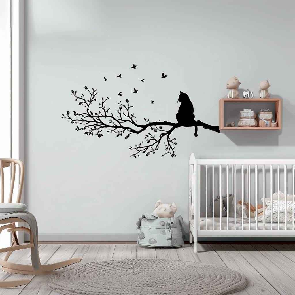 Cat on Tree Branch Wall Decal | Vinyl Cat and Birds Sticker