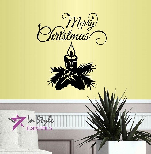 Vinyl Decal Merry Christmas Candle Christmas Tree Ornaments Holidays Sticker 154