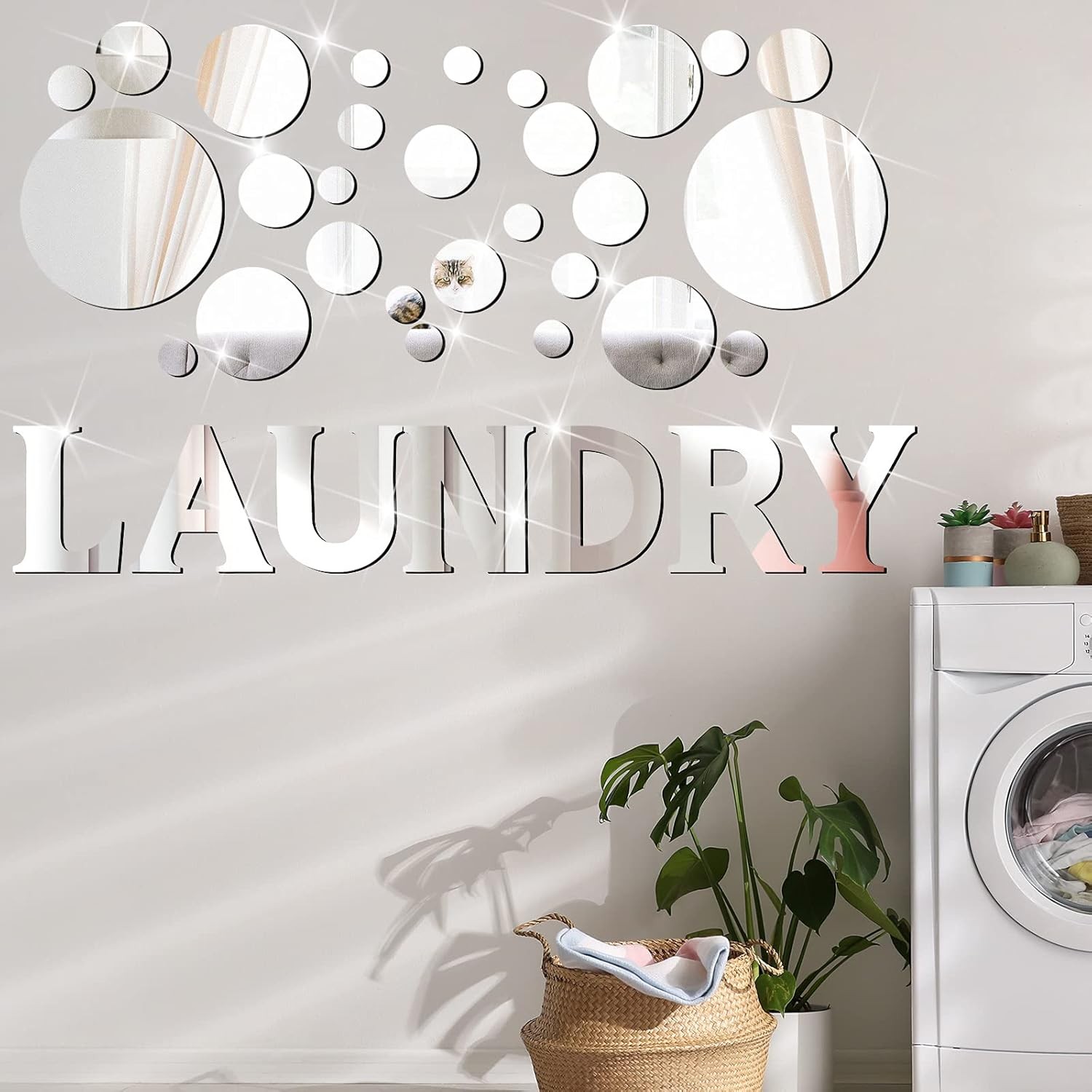 Zonon Laundry Room Mirror Decal Silver 3D Acrylic Wall Stickers