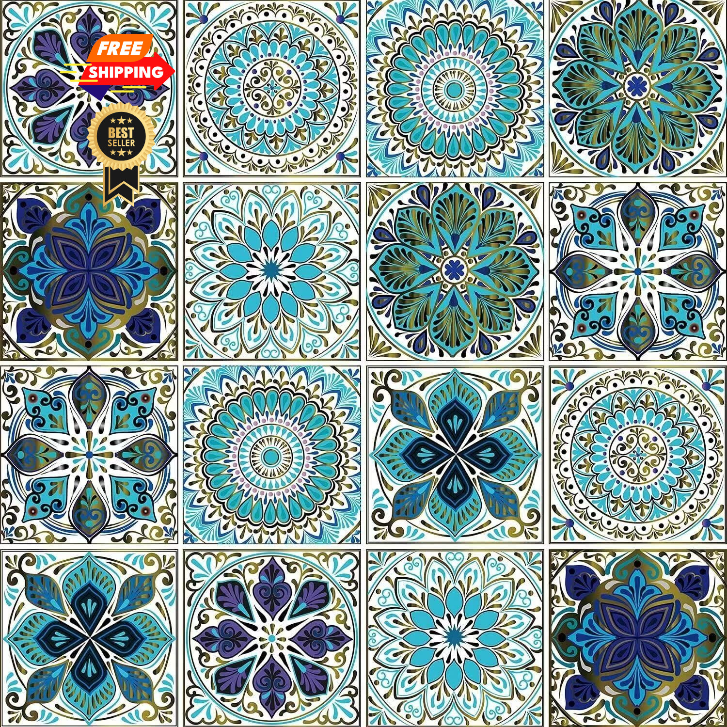 16PCS 5×5 Inch Mandala Tile Stickers, Peel and Stick Self 5 in,