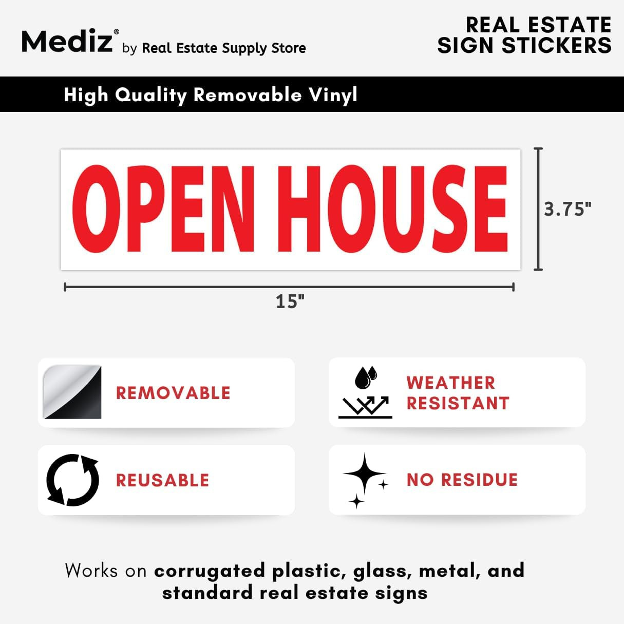 Real Estate Listing Vinyl Sign Stickers – Removable & Reusable – Pack of 10 (Ope