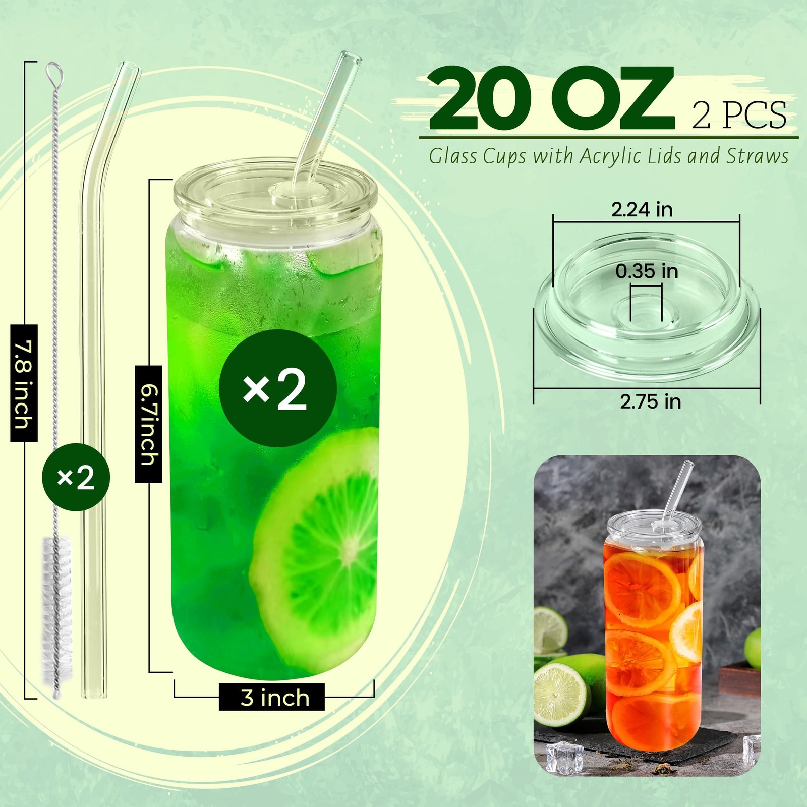Joyclub 20 oz Glass Cups with Acrylic Lids and Straws 2pcs Can Shaped Glass I…