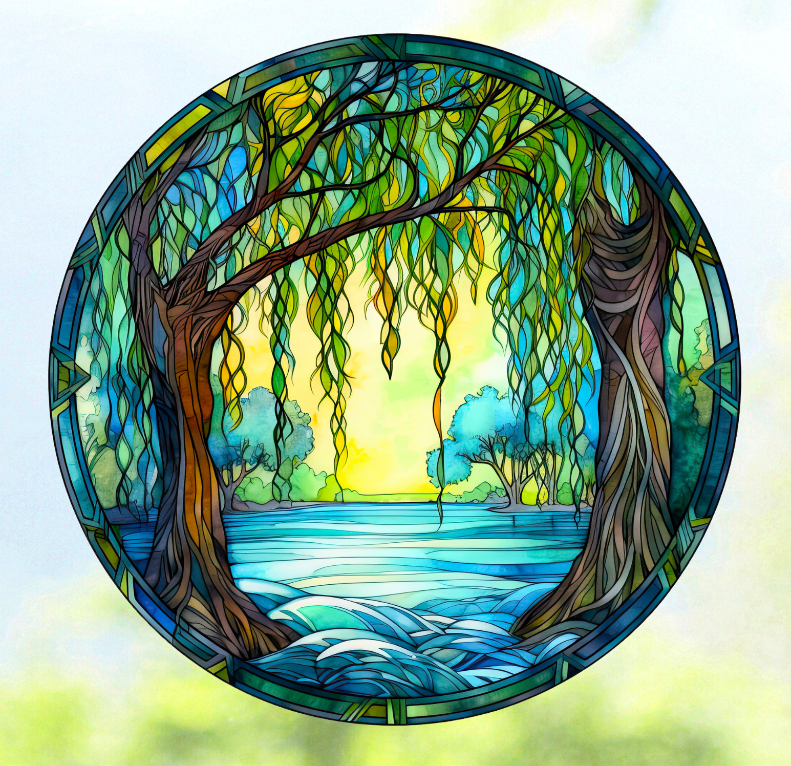 Weeping Willow Trees Faux Stained-Glass WINDOW CLING Size 8" Round Vinyl