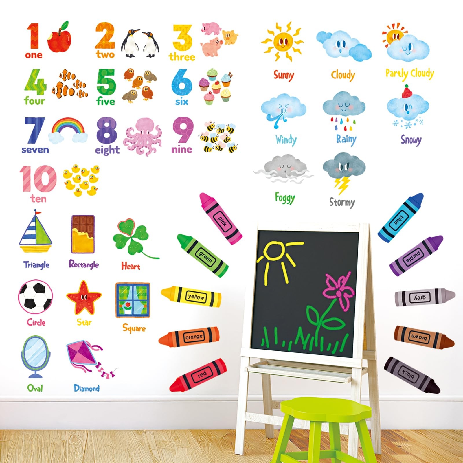 DS9-8056 Numbers Crayons Weather and Shape Wall Decals Stickers Nursery Class…