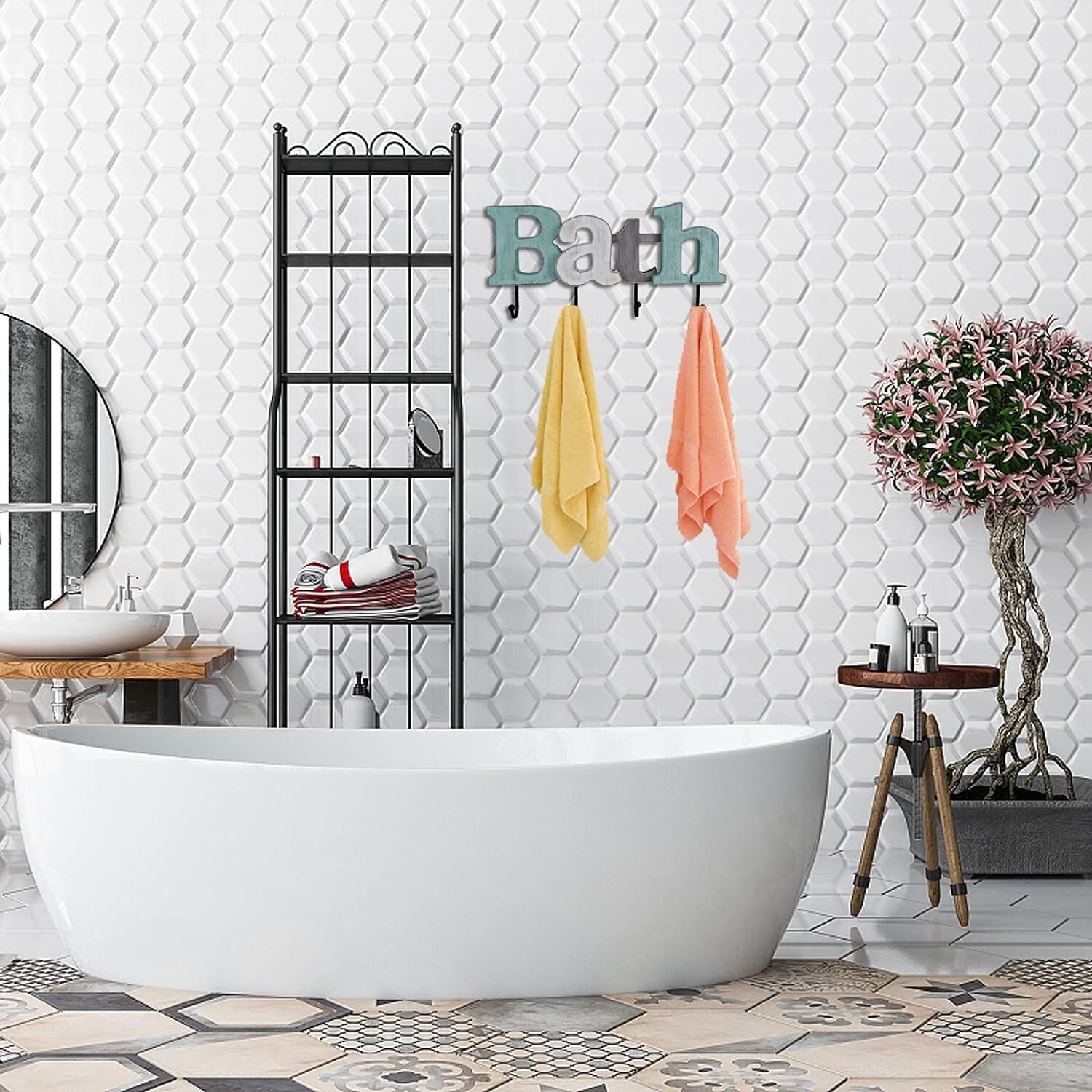 Bedroom Entryway Bathroom Word Cutout with 4 Hooks (Bath )