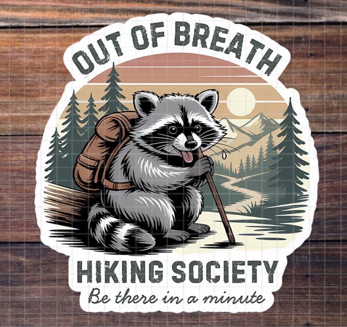 2 PC – 3” Out Of Breathe Hiking Society Raccoon Funny Outdoors Sticker Decal