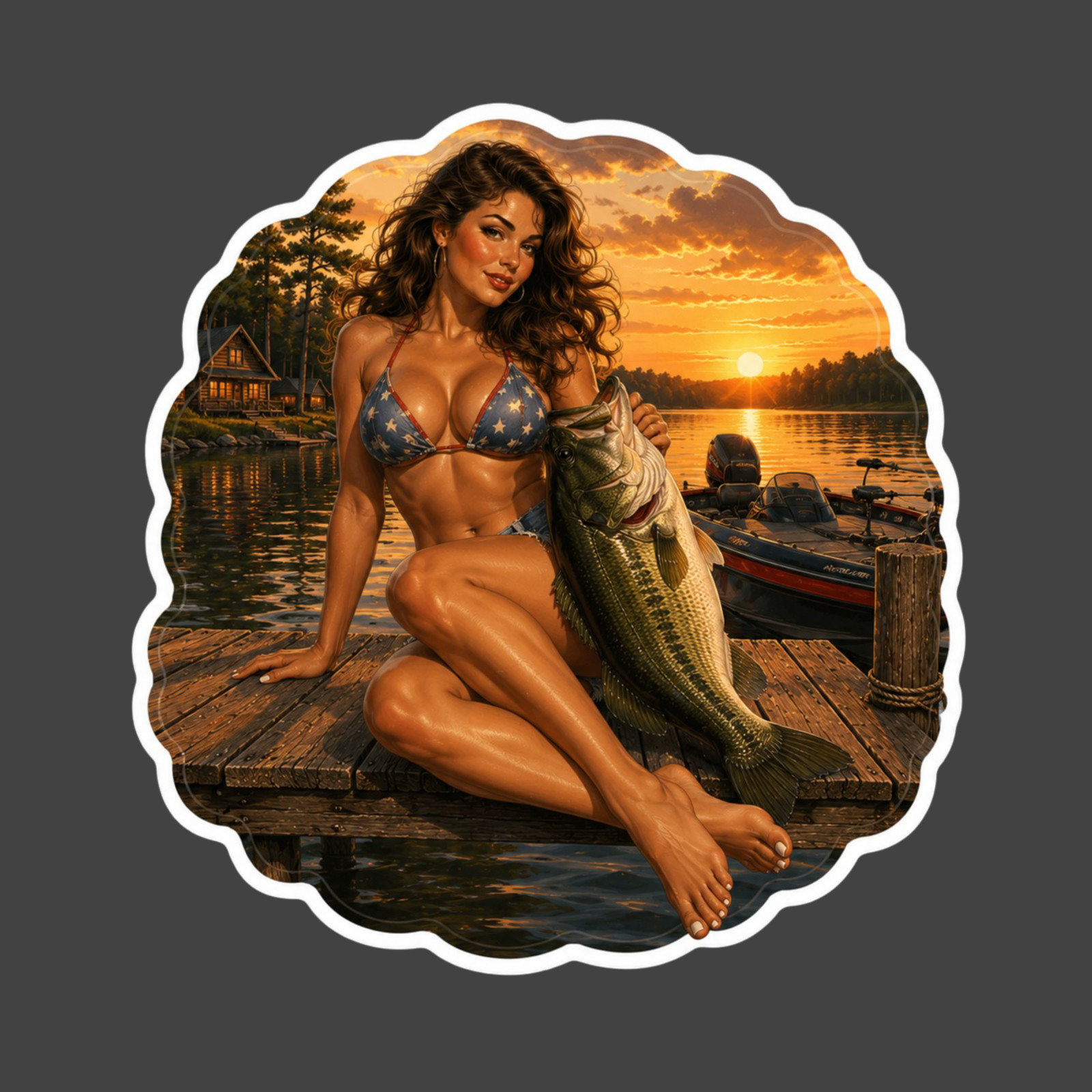 Pinup Girl Sticker Vinyl Decal Bass Fishing Sunset Dock Lake Bikini Beauty