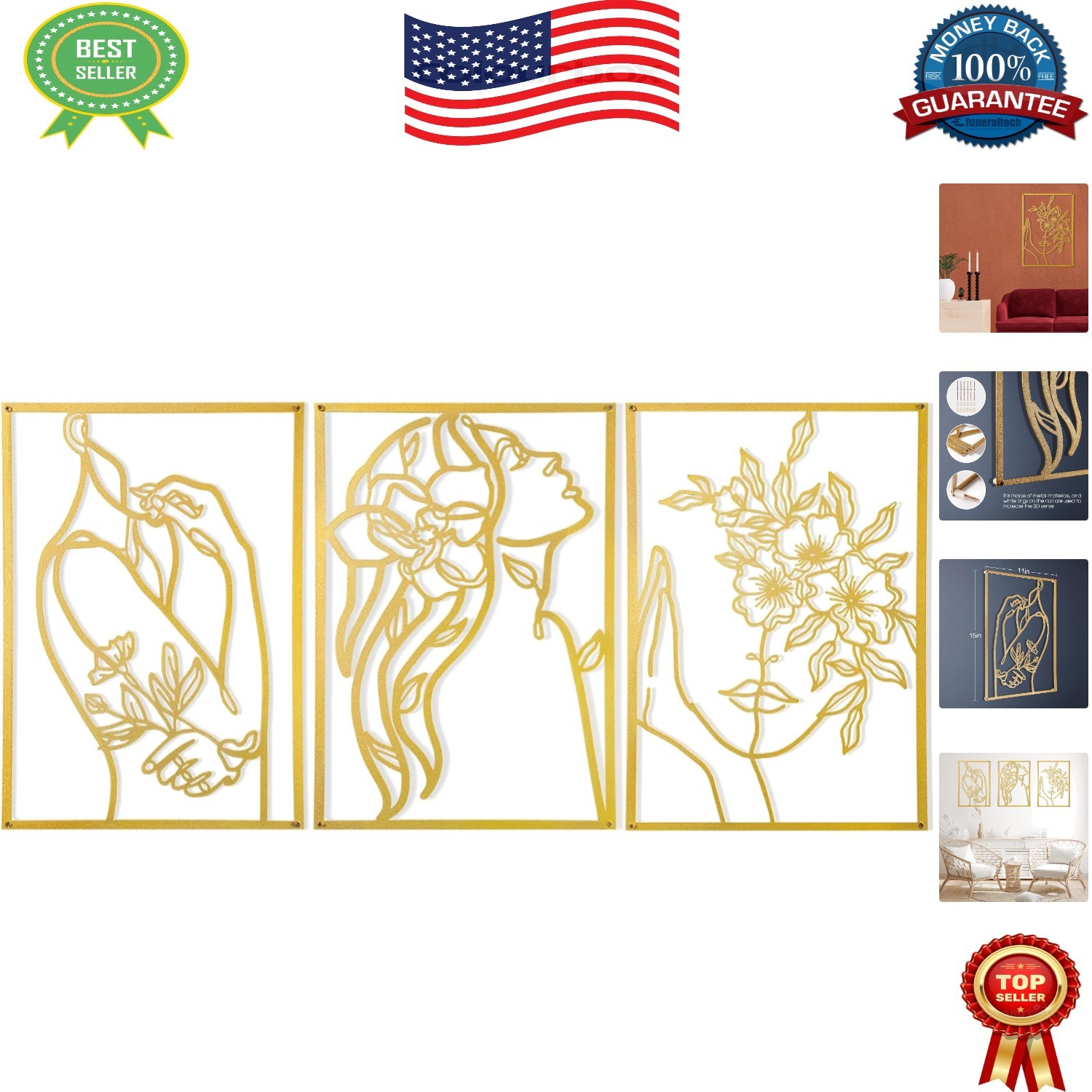 Sophisticated Gold Wall Art Set – 3-Pcs for Bedrooms, Offices & Living Rooms