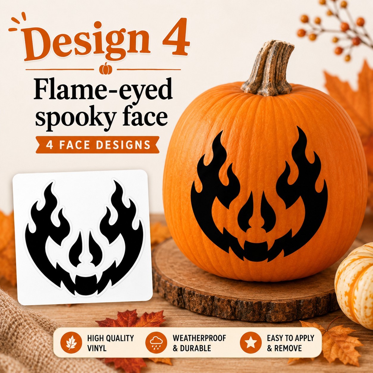 Halloween Pumpkin Face Sticker Set | 4 Reusable Jack-O'-Lantern Vinyl Decals