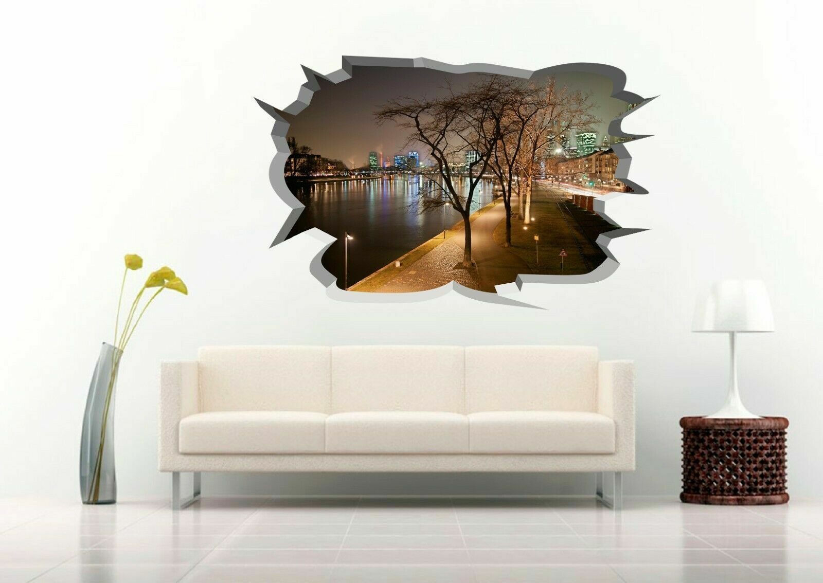 Lakefront Trail at Night 3D Crack Hole Wall Decal Vinyl Sticker Mural Art Decor