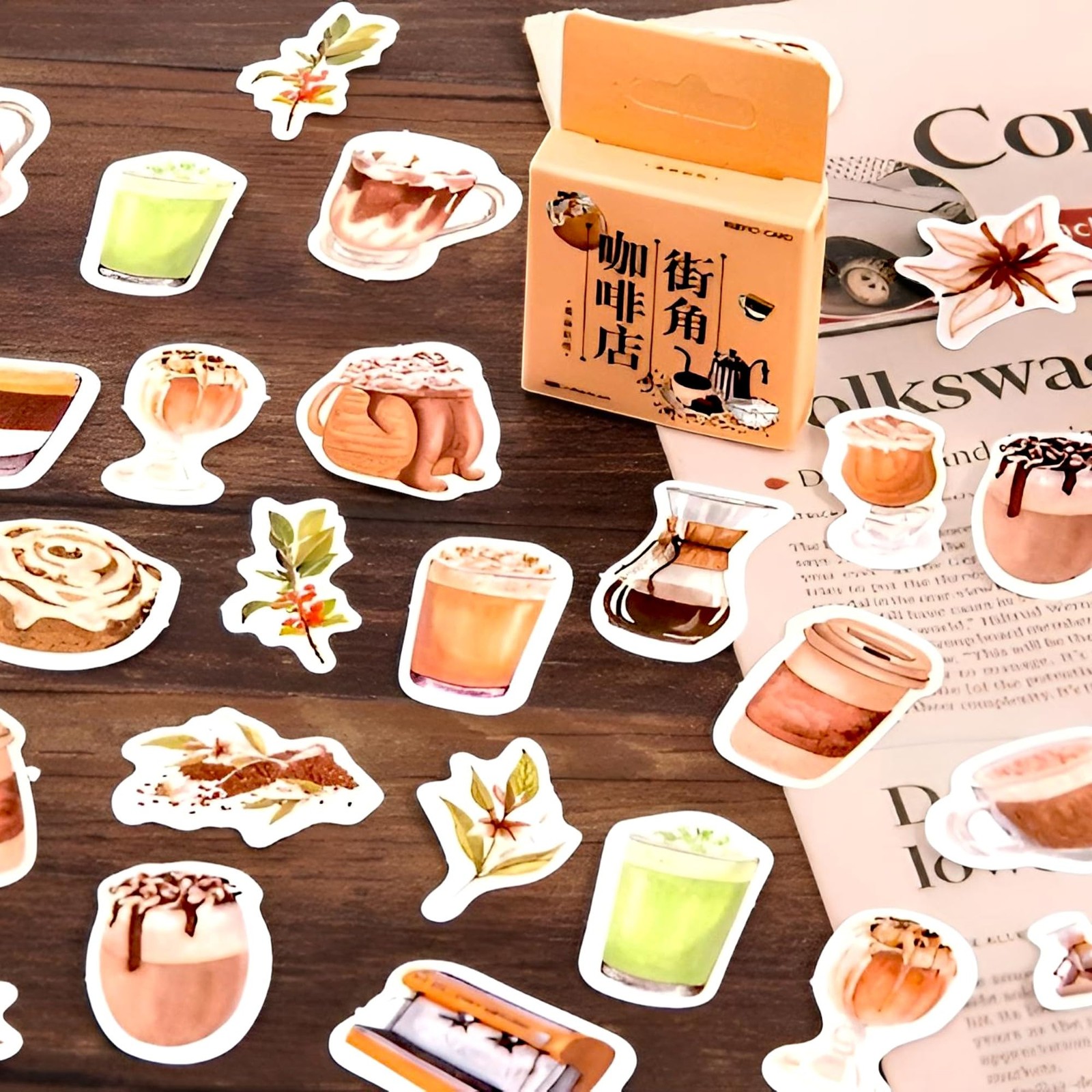 Small Size Coffee Stickers, 46pcs Boxed DIY Decoration Theme Beige