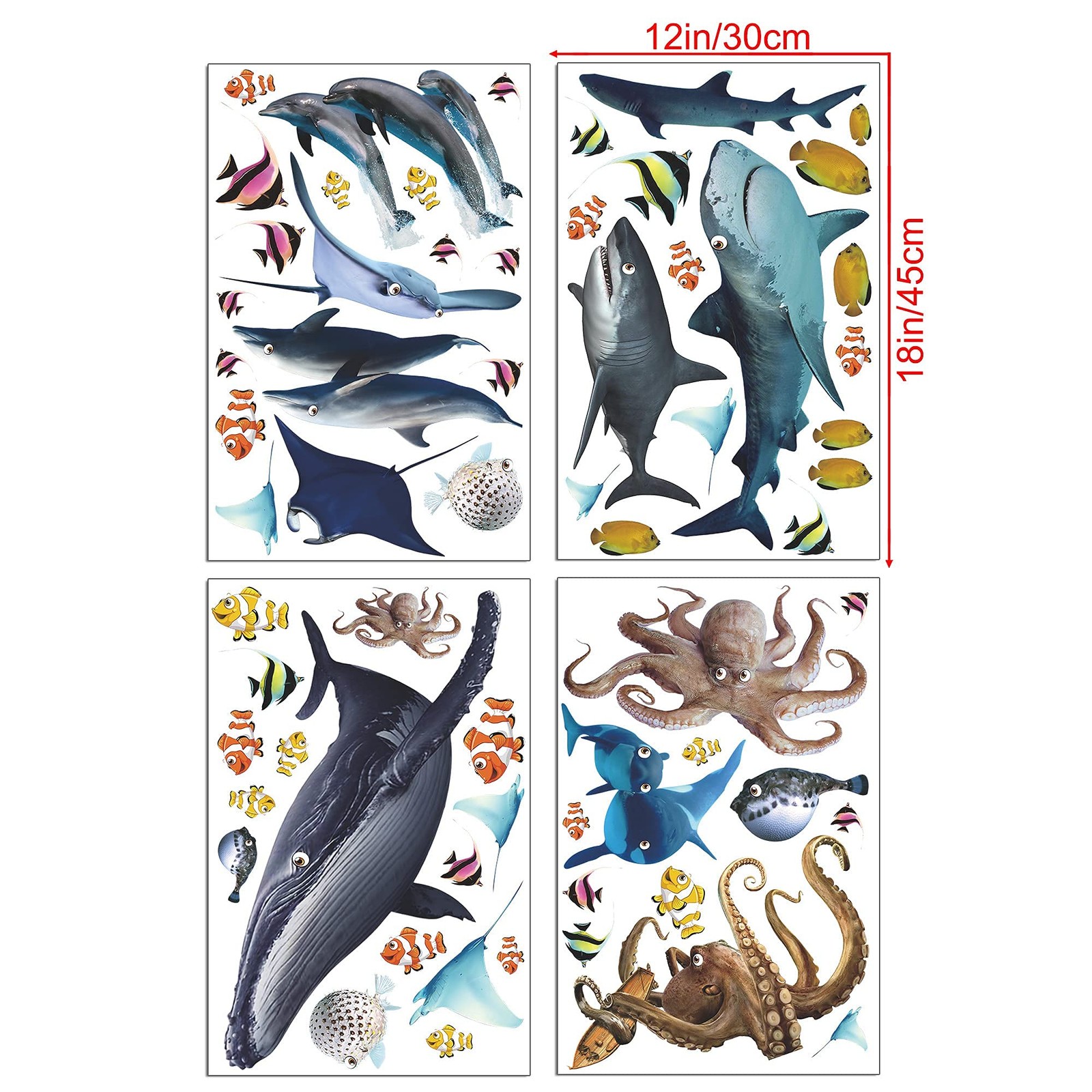 4 Sheets of 12inch x 18inch 3D Removable Ocean Animals Wall Sticker Under The…