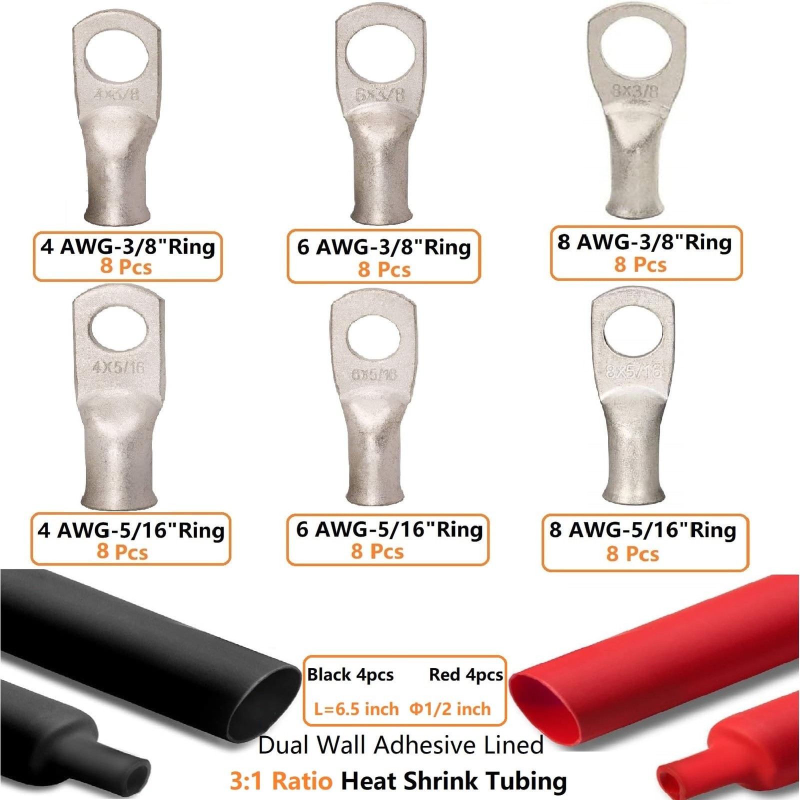 SVAAR 4 6 8 AWG Battery Cable Lug kit 56pcs Tinned Copper Battery Lugs Heavy …