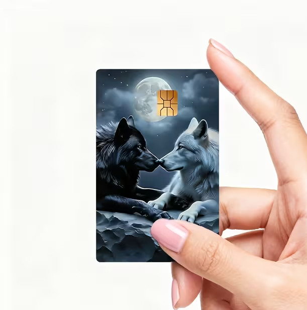 Black & White Wolves at Full Moon Credit Card Skin Sticker | Mystic Wolves