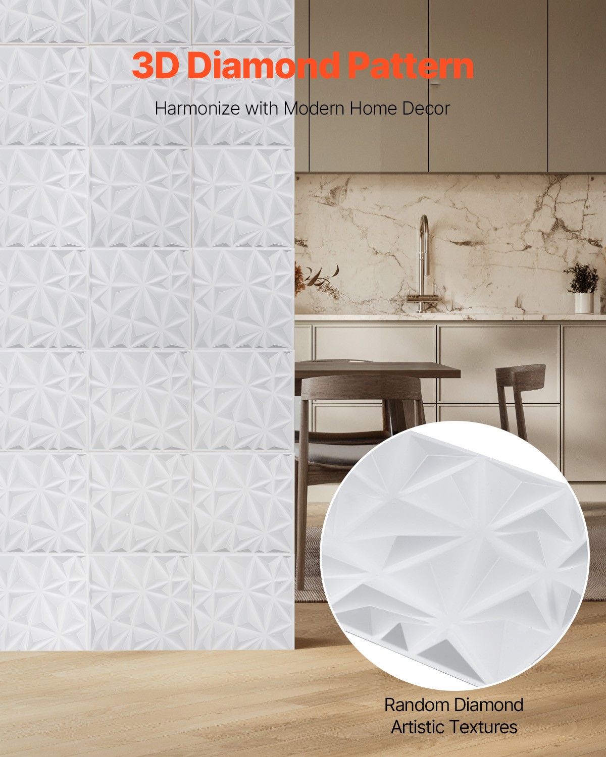 VEVOR 3D Wall Panels 33-Pack 11.81 x 11.81" PVC 32 Sq.Ft Coverage Diamond Matte