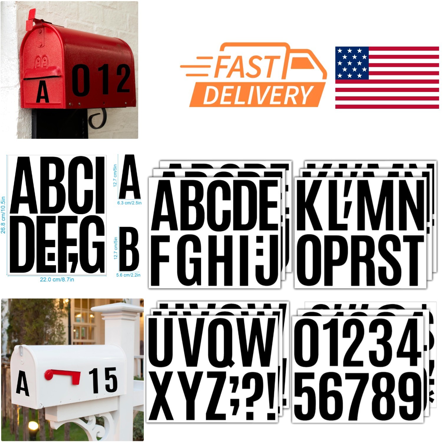 18 Sheets Self Adhesive Vinyl Letters Numbers Kit Black 5 Inch for Mailbox Signs