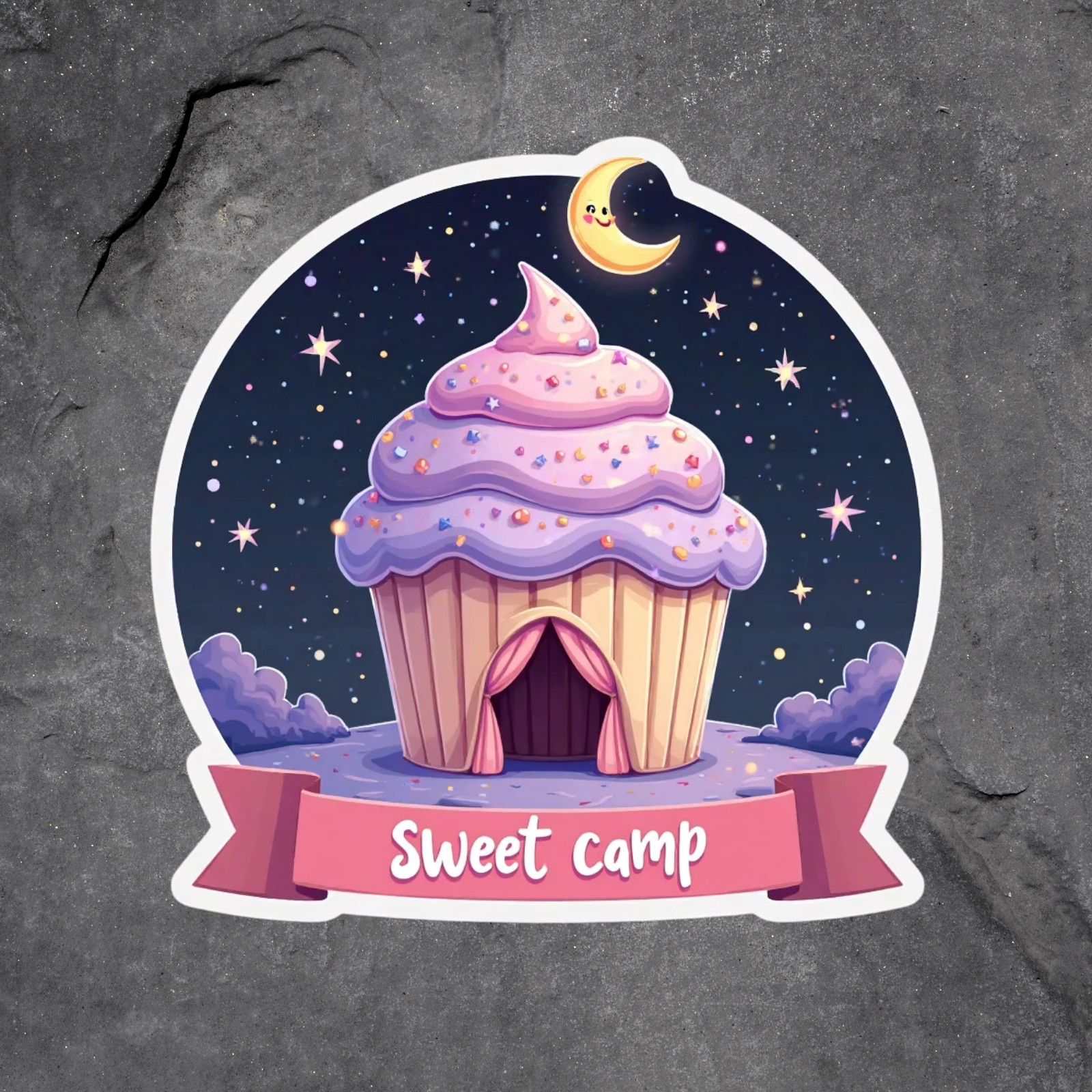 Camping sticker vinyl decal Sweet Camp cupcake tent moon stars fun design