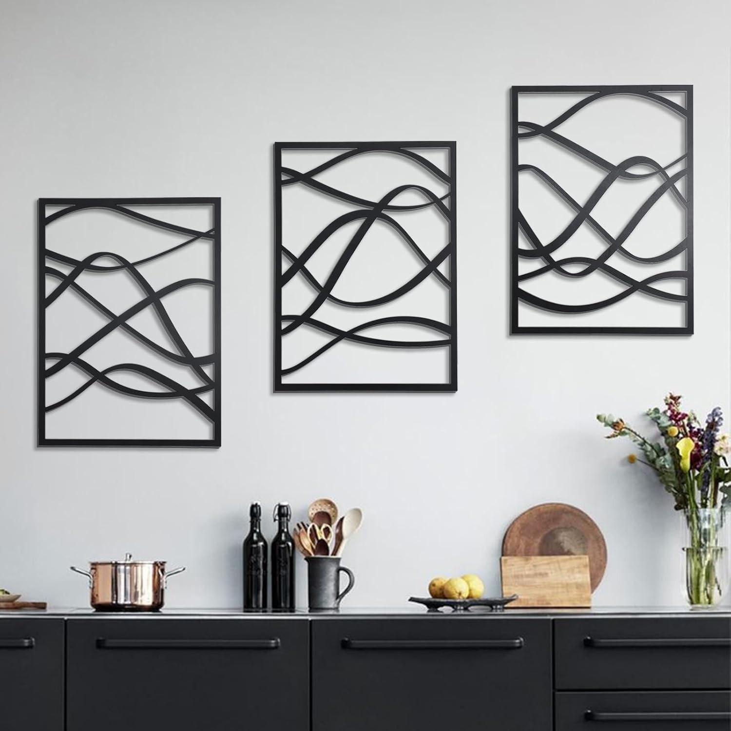 3 Pcs Minimalist Black Wooden Wall Art, Abstract Single Line Wall Decor for Home