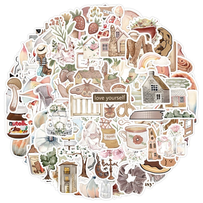 100pcs RETRO COTTAGECORE Vintage Stickers, Bikes Books Flowers Rainbow, #224-1