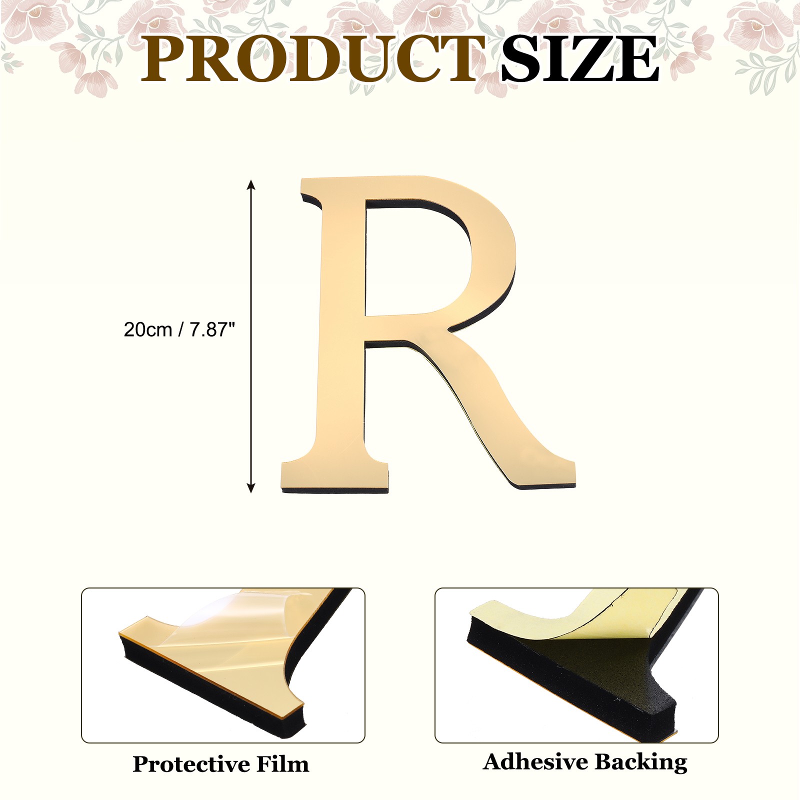 7.87 Inch 3D Acrylic Alphabet Mirror Wall Stickers Letter R Light Gold