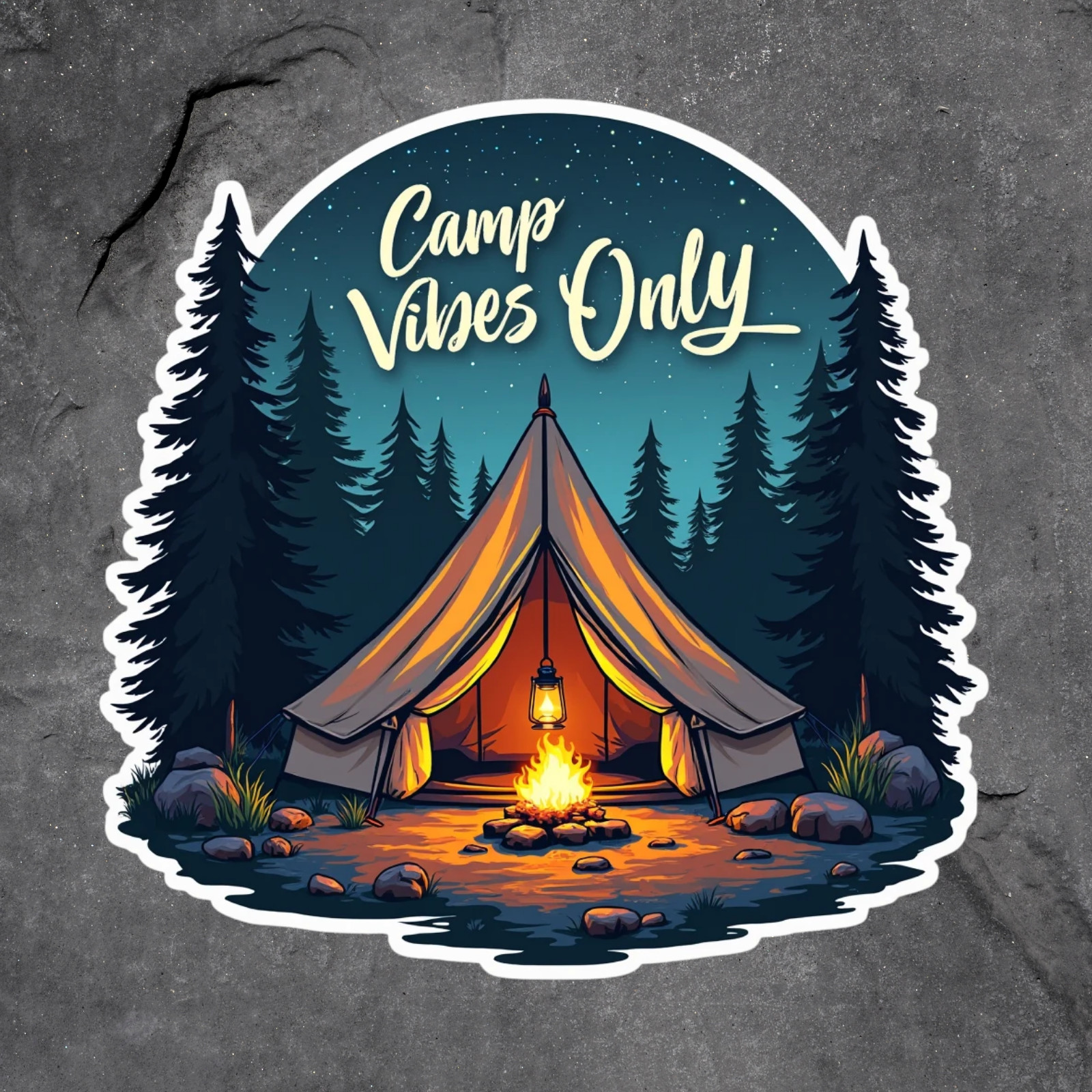Camping Vibes Only sticker vinyl decal tent campfire outdoors forest night
