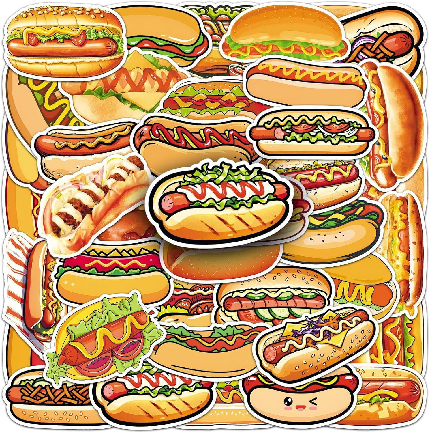 50 Pcs Hot Dog Stickers – Waterproof Vinyl Decals for Laptops, Phones, and More