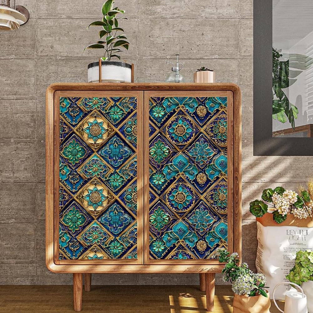 Spring Summer Moroccan Tile Wall Decals, Blue Gold Mosaic Peel and Stick Wall…