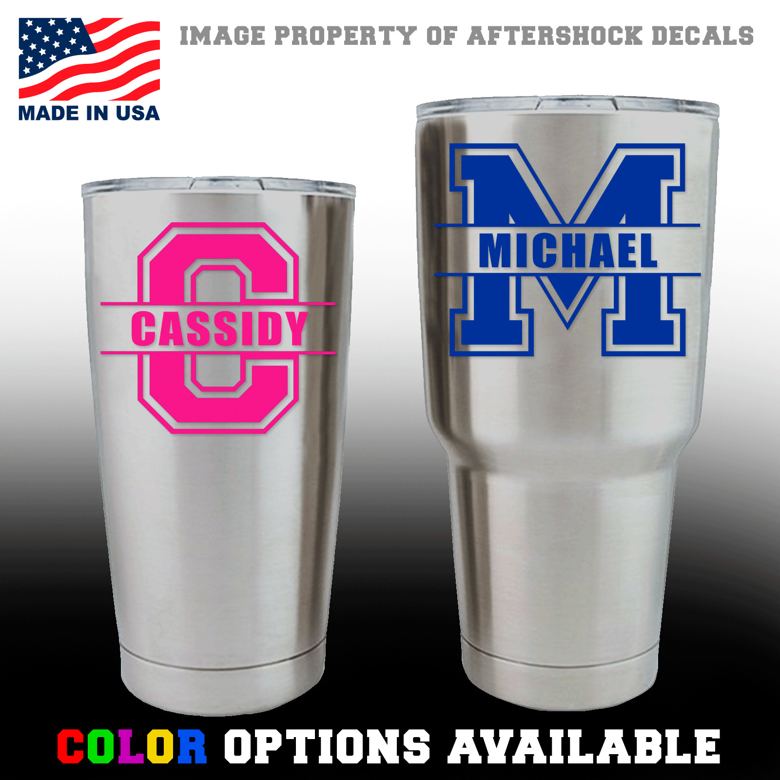 Split Initial Varsity Monogram Name Decal for YETI Rambler College Sport Sticker