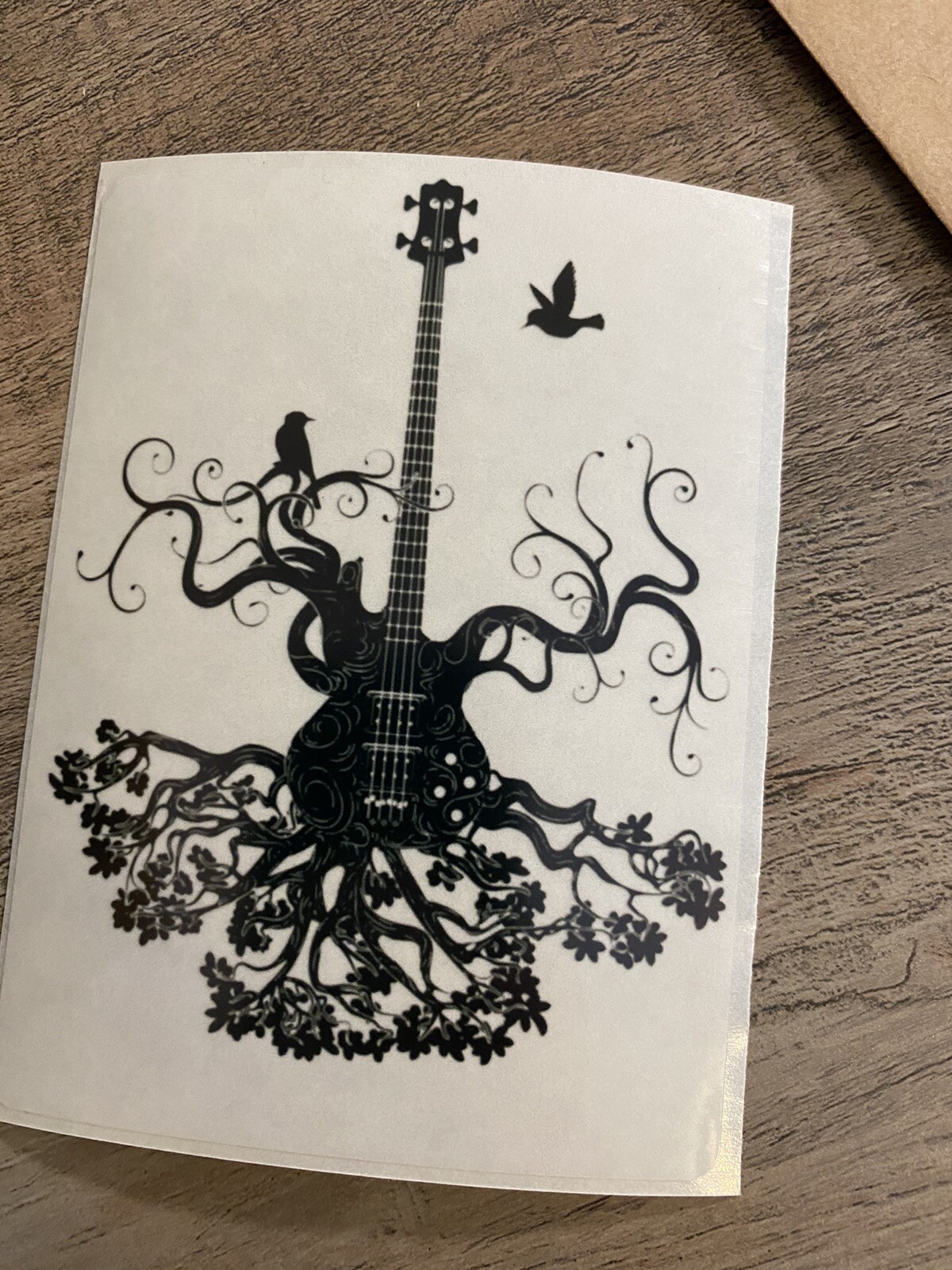 Beautiful Guitar Sticker On Clear (3.5 Inch) Tree Bird Spiral Roots