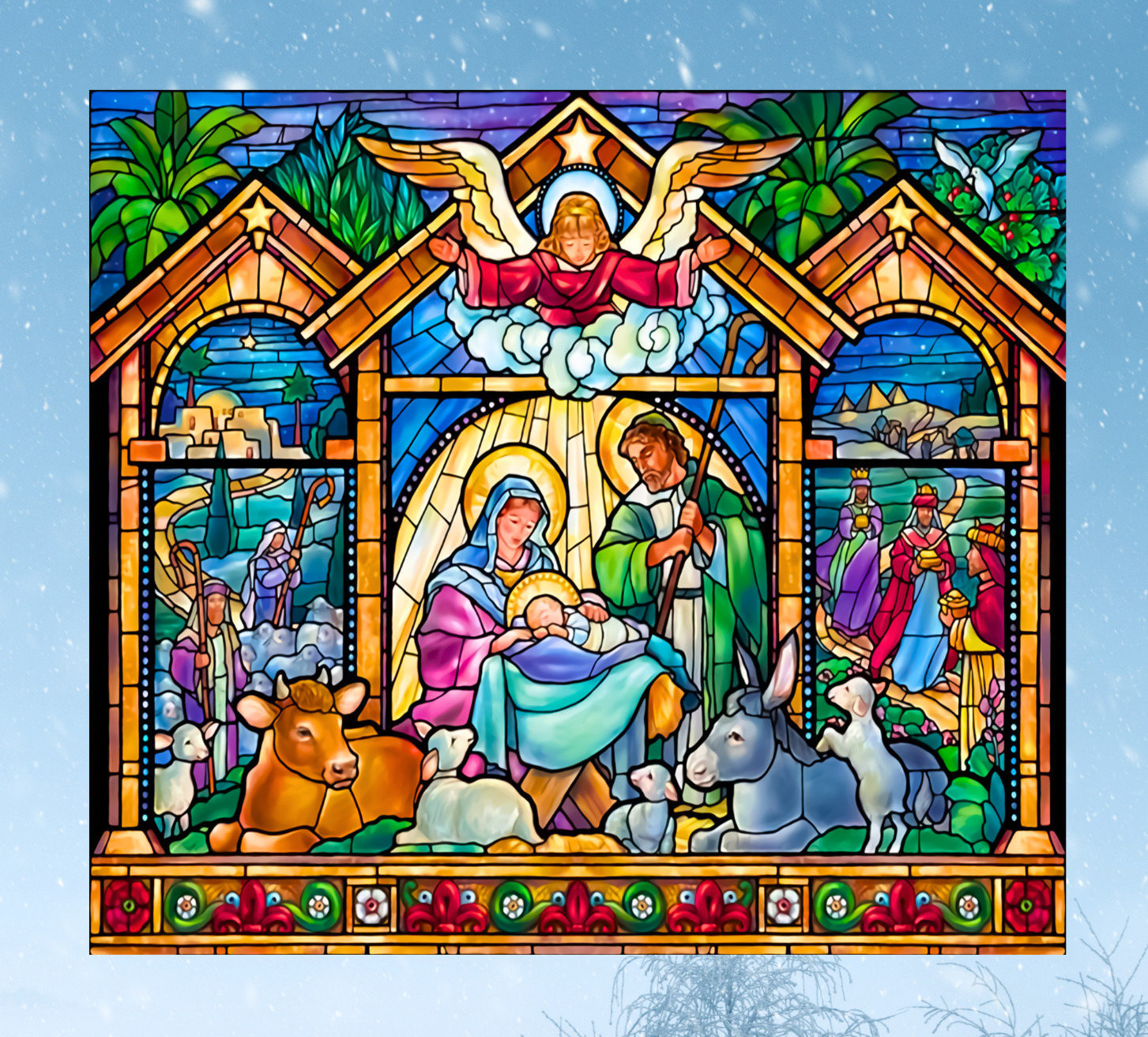 Christmas Nativity Scene Faux Stained Glass WINDOW CLING Size 9" Vinyl