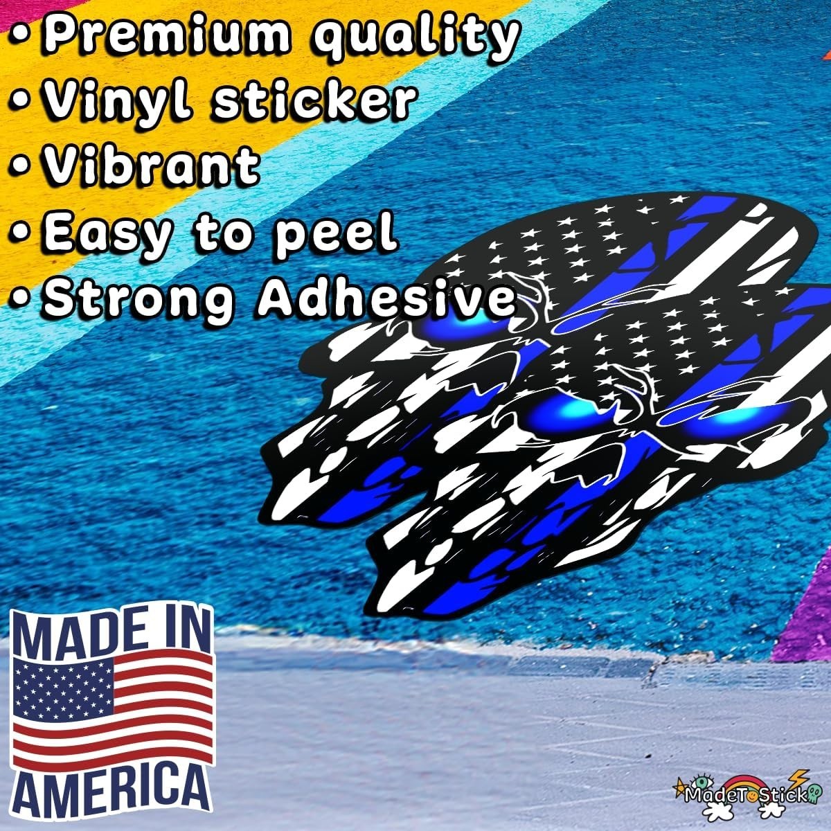 2-Pack Thin Blue Line Skull American Flag Patriotic Sticker Decal 5"x3.5"