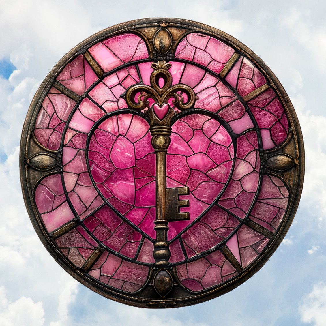 Key to Heart Faux Stained-Glass WINDOW CLING Suncatcher Size 8" Round
