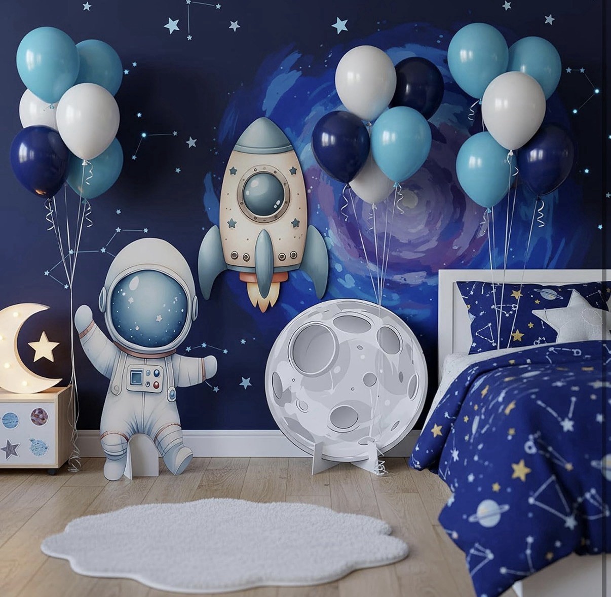 Space Astronaut Rocket Moon Wall Decal Set Kids Bedroom 25.9×15.7 Blue