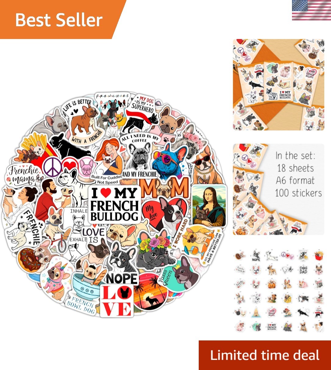 Durable French Bulldog Vinyl Sticker Pack – 100 Waterproof Stickers for All Ages