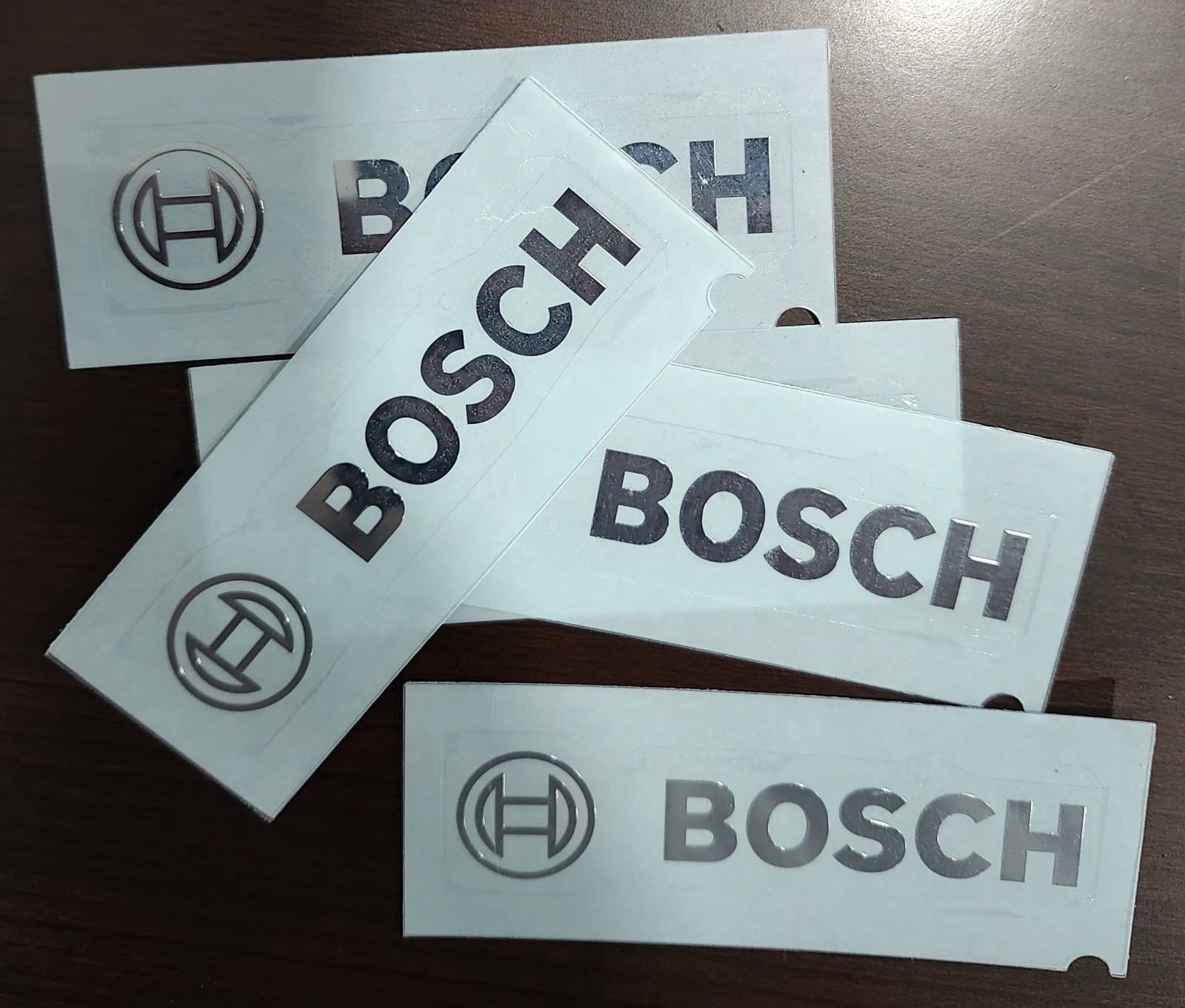 5 X AUTHENTIC BOSCH SILVER METALLIC VINYL DECAL STICKER. MADE IN BAVARIA GERMANY