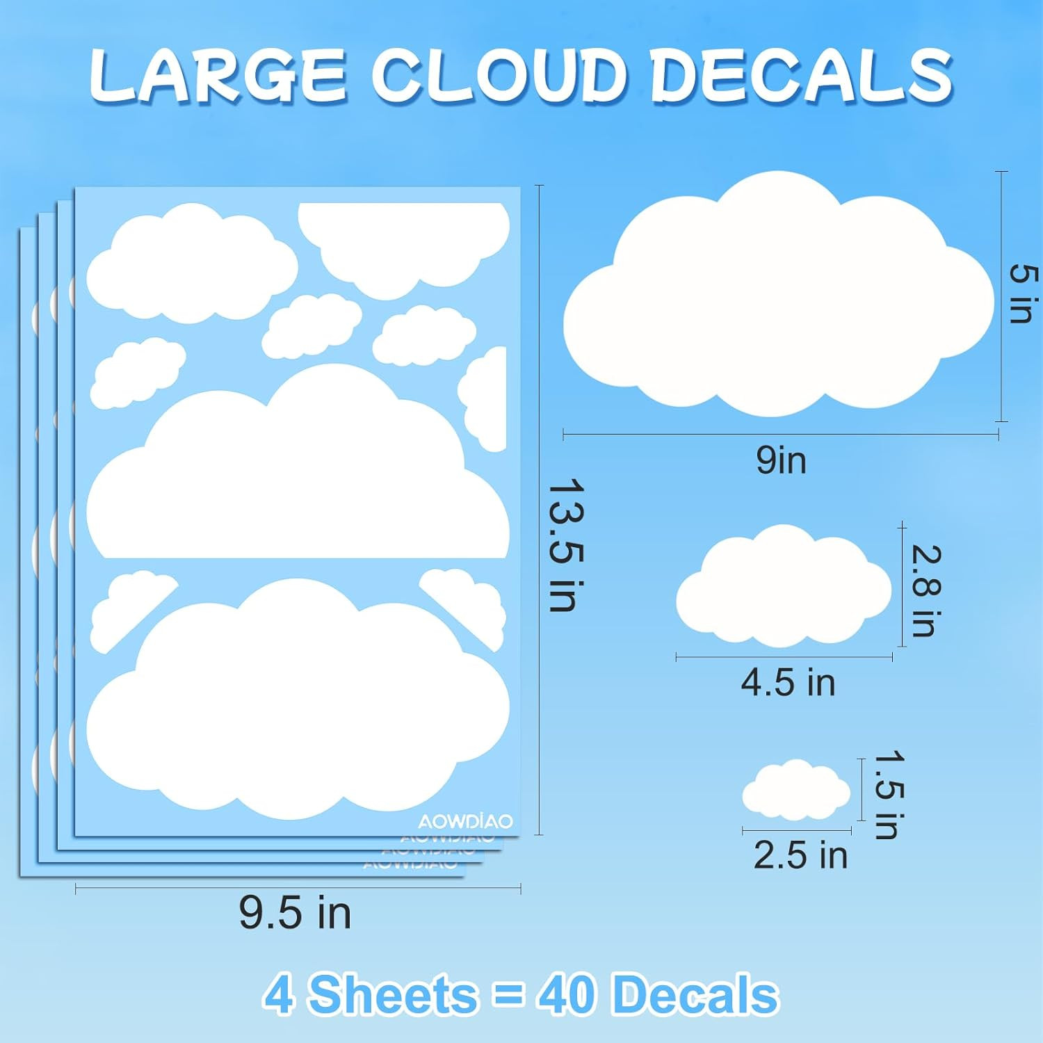 Cloud Wall Decals – 40 Peel and Stick Clouds Stickers – Assorted Shapes and Size