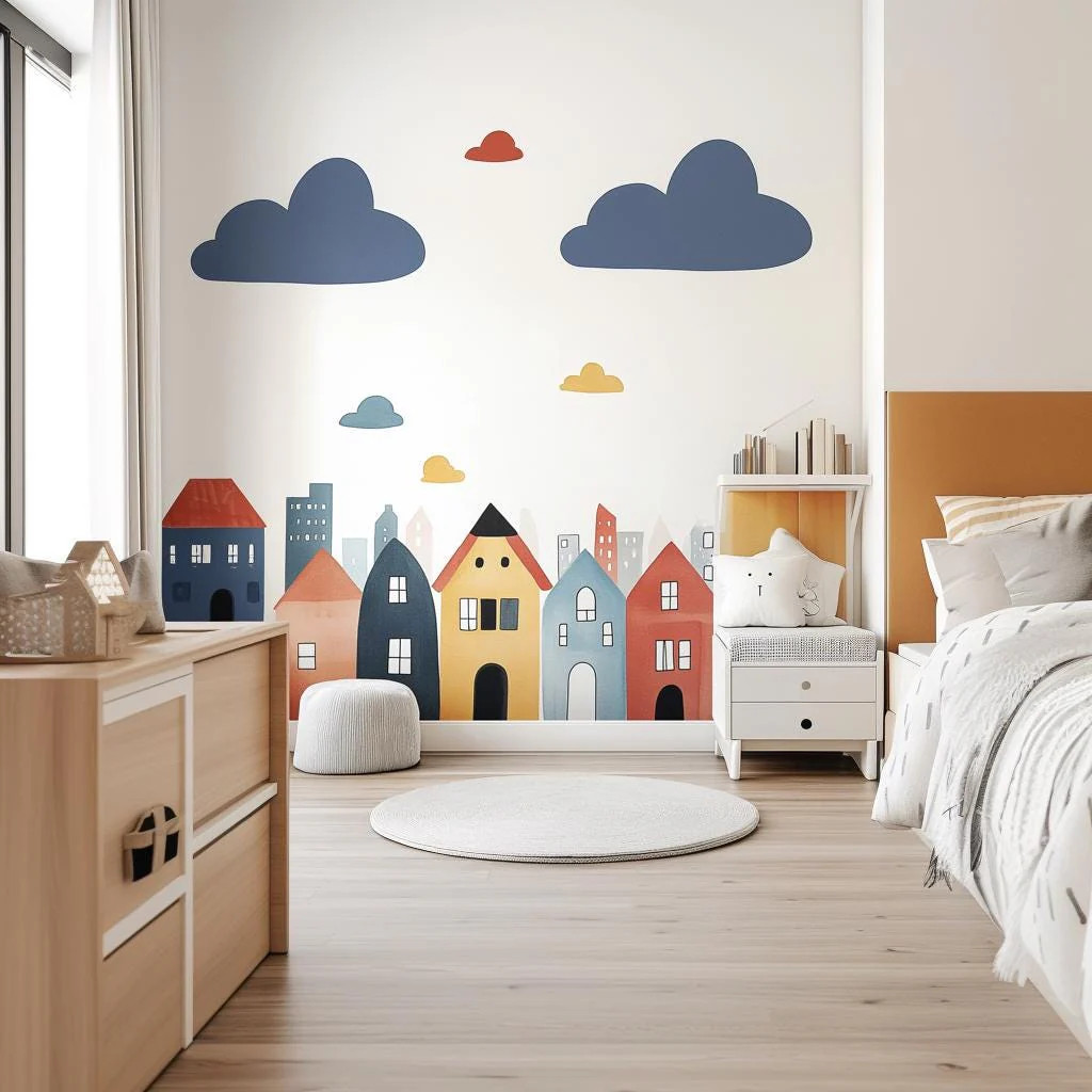 Colorful Town Wall Decal | Whimsical Cityscape Nursery Wall Sticker Art