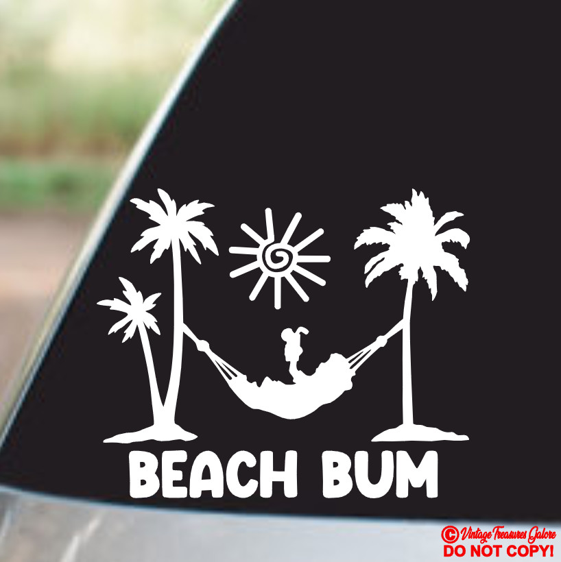 BEACH BUM Vinyl Decal Sticker Car Window Wall Bumper TROPICAL PALM TREES HAMMOCK