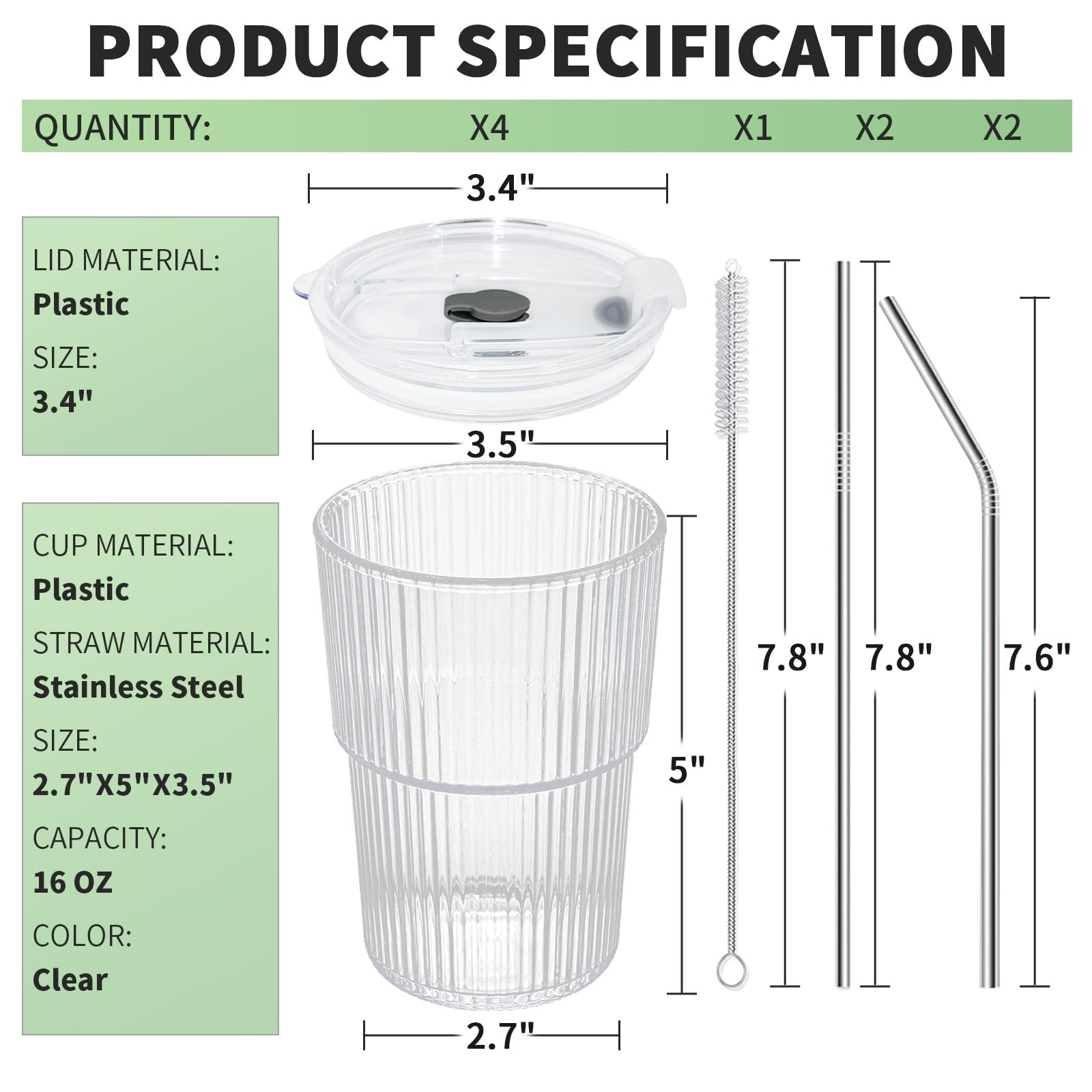 16 OZ Iced Coffee Cups with Lids and Straws Set of 4, Unbreakable Plastic Dri…