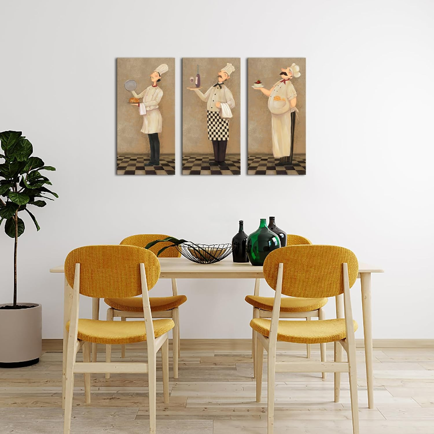 Funny French Chef Vintage Wall Art Set for Kitchen & Dining Room Decor 3Pcs