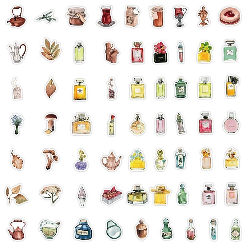 50pcs RETRO Vintage Stickers, Perfume Bottle Wine Cake Leaf, #239