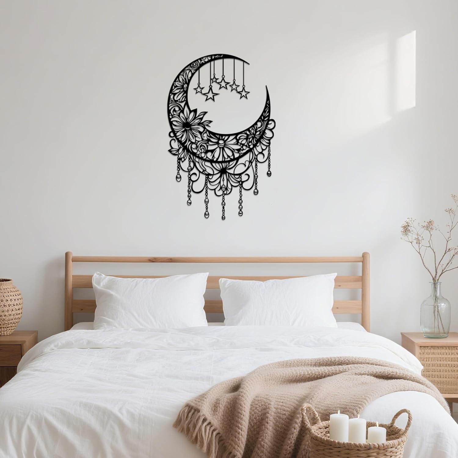 Black Metal Moon Wall Decor Boho Moon Phase Wall Art with Hanging Stars Flora…