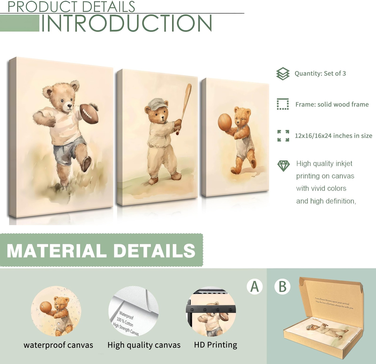 Bear Rugby Sports Nursery Canvas Wall Art Set of 3 – Cute Vintage Baby Bear P…