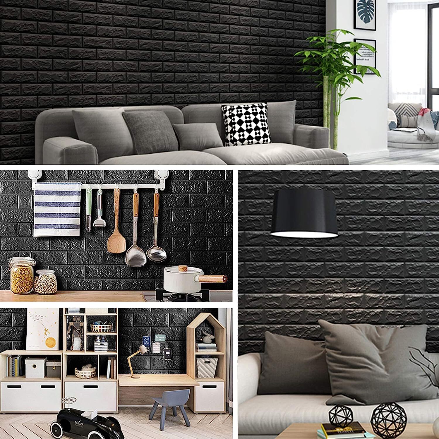 Black 3D Tile Brick Wall Sticker Self-adhesive Foam Panel Wallpaper 14.5 SQ FT