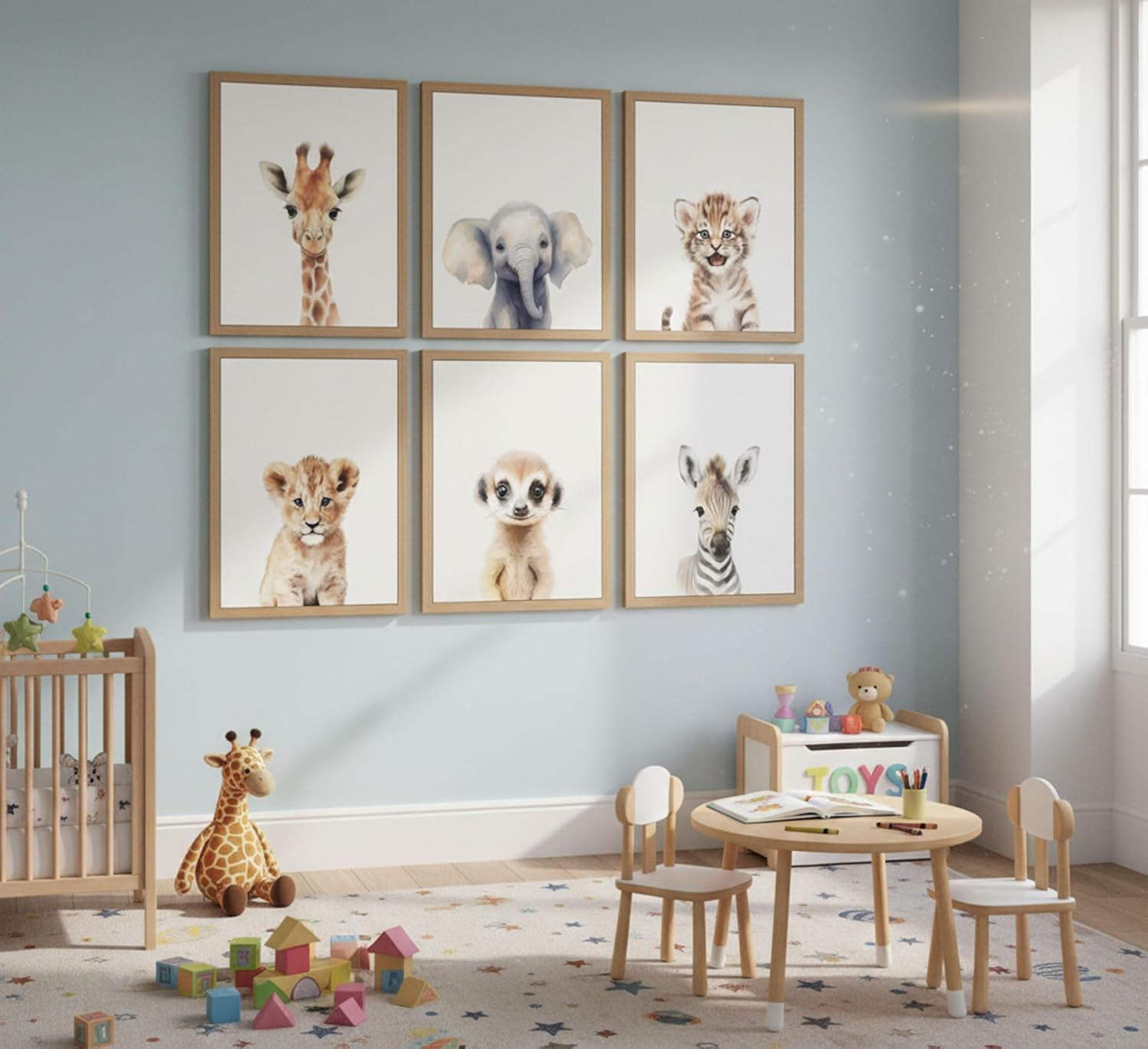6Pcs Safari Animal Nursery Canvas Wall Art Cute Elephant Giraffe Leopard Zebra D