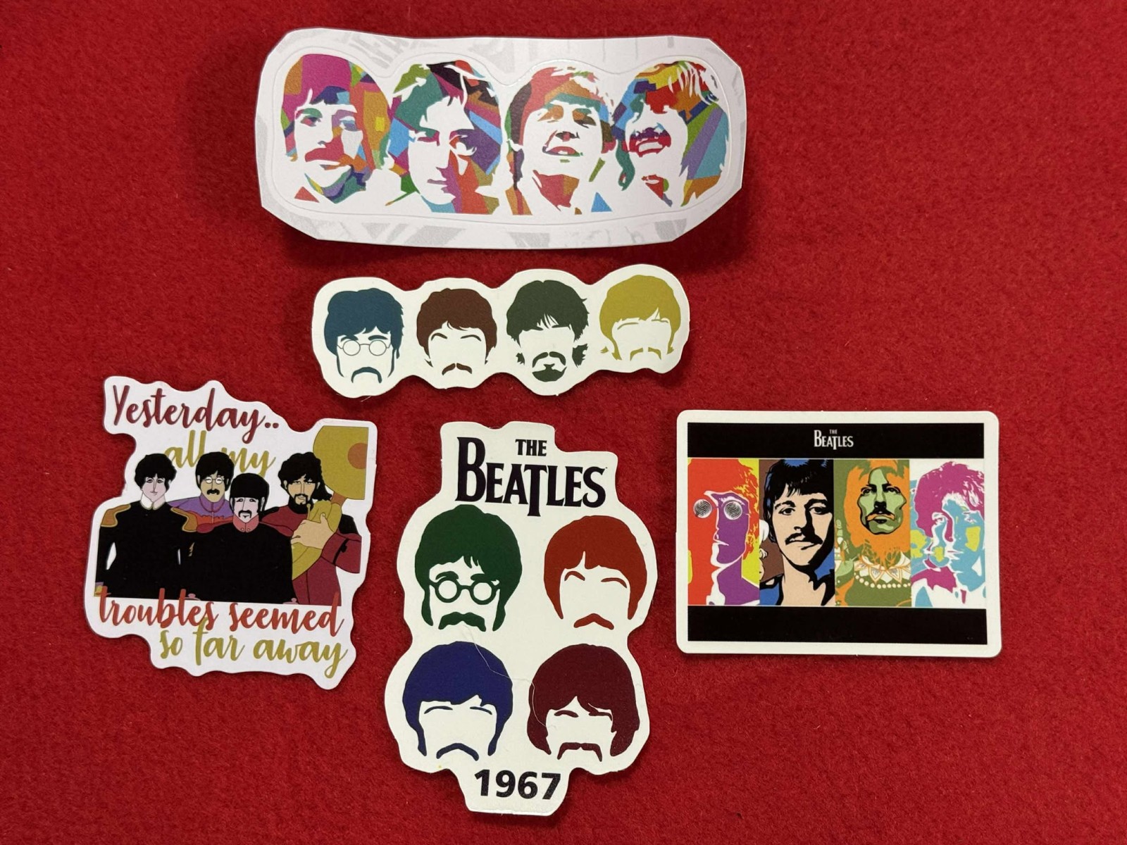 THE BEATLES Lot (5) 3/4" to 3 3/4" Band Logo STICKERS Free SHIP! Yesterday
